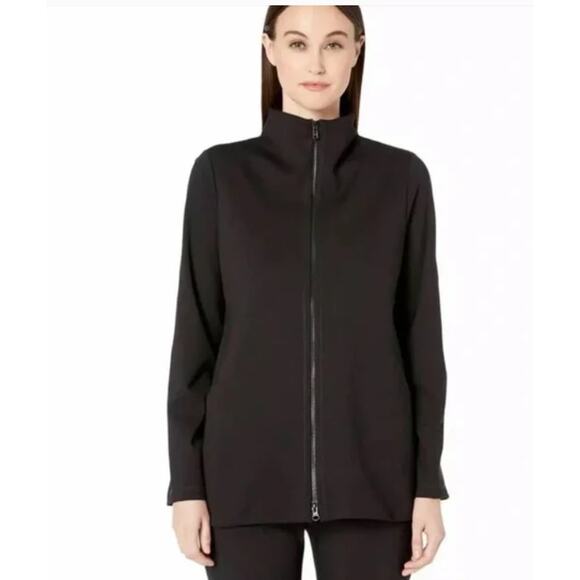 Eileen Fisher Ponte Stand-Collar Zip-Up Jacket Size L Black Active Travel FLAW - Picture 1 of 12